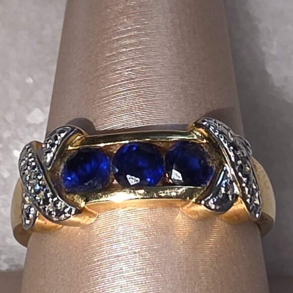Silver 925 Stamped Ring Gold With Blue Faux Sapphires X Crystals Size 9.5 - Picture 3 of 6